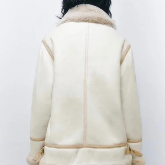 ZARA Women's Faux Suede Double Faced Long Jacket(Ecru, US L/EUR L) - Picture 4 of 16